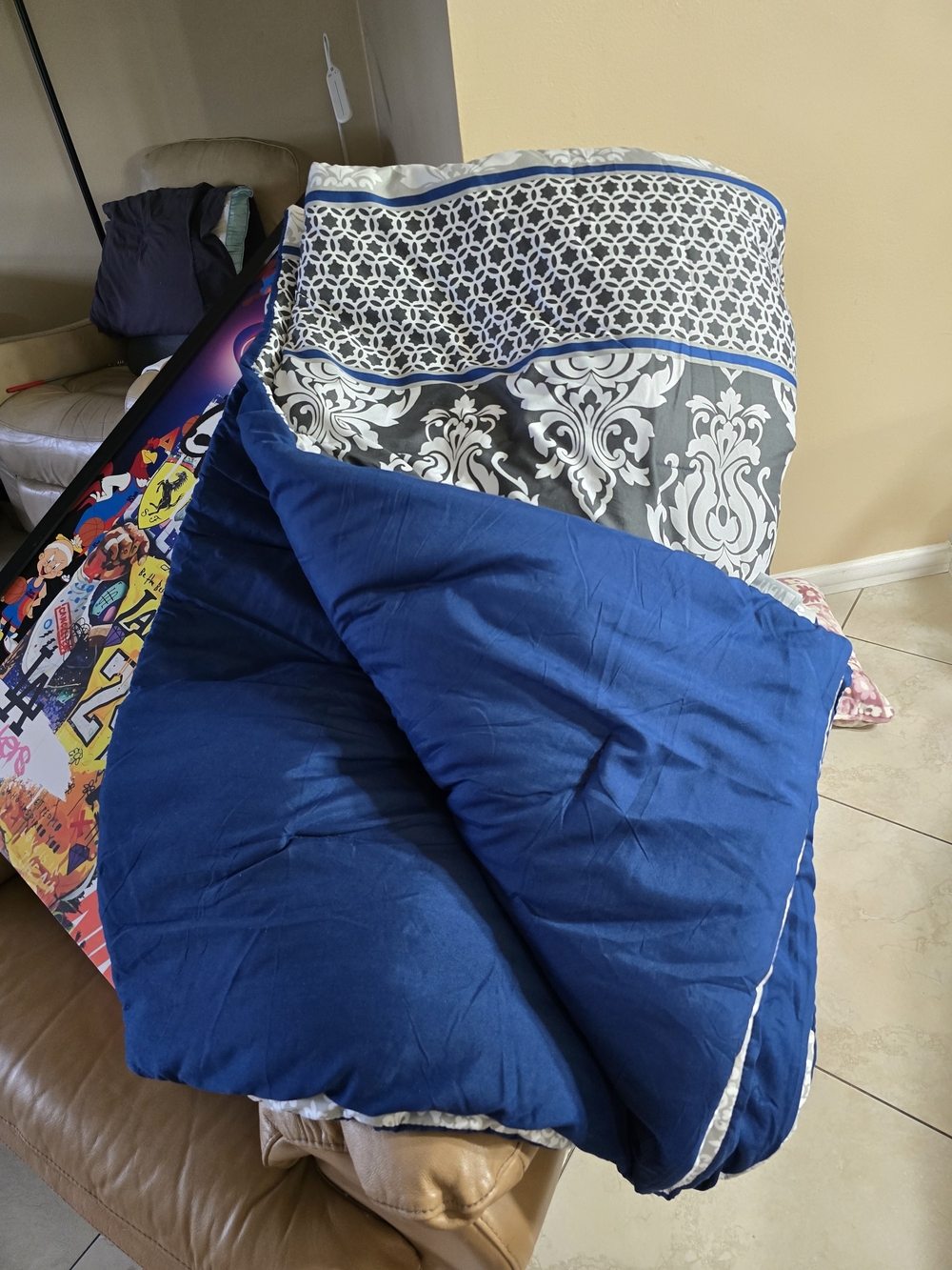 Macy's Reversible Royal Blue and Gray Damask Comforter And 2 Shams